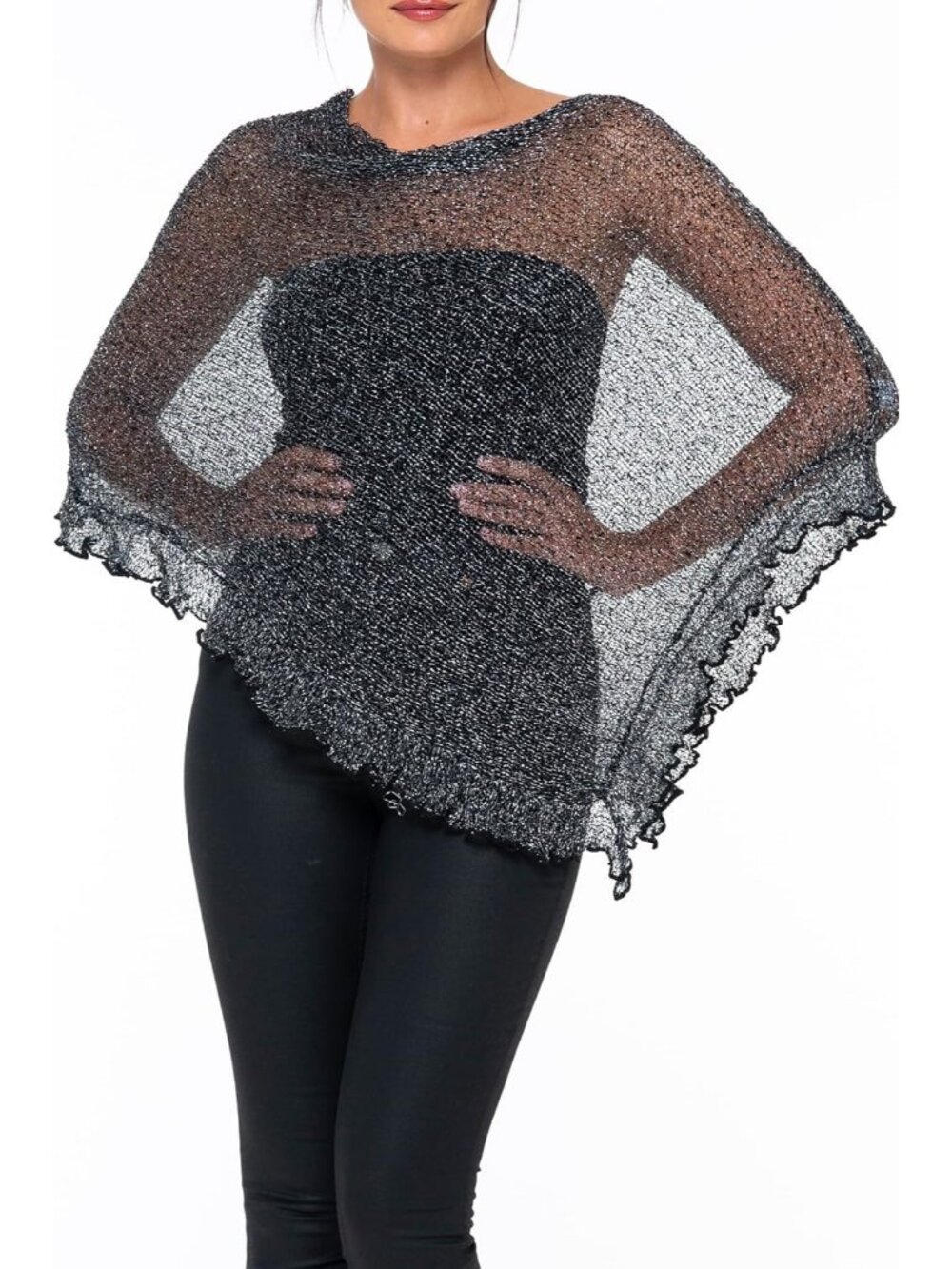 Women Black Silver Sheer Knit Poncho Shrug Lightweight Asymmetrical Cover Up Top